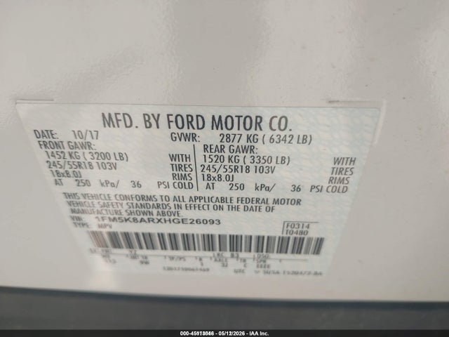 2017 Ford Utility Police Interceptor მანქანა იყიდება აუქციონზე, vin: 1FM5K8ARXHGE26093, აუქციონის ნომერი: 45113046