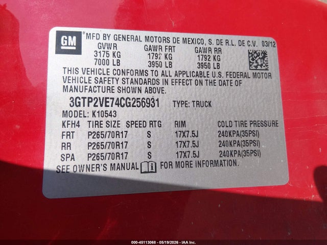 Aukcja sprzedaży 2012 Gmc Sierra 1500 Sle, vin: 3GTP2VE74CG256931, numer aukcji: 45113068