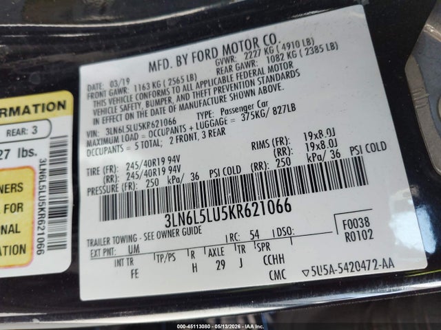 3LN6L5LU5KR621066 Lincoln Mkz Hybrid Reserve I