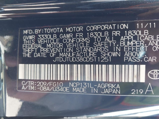 45113085 :رقم المزاد ، JTDJTUD38CD511251 vin ، 2012 Toyota Yaris Le مزاد بيع