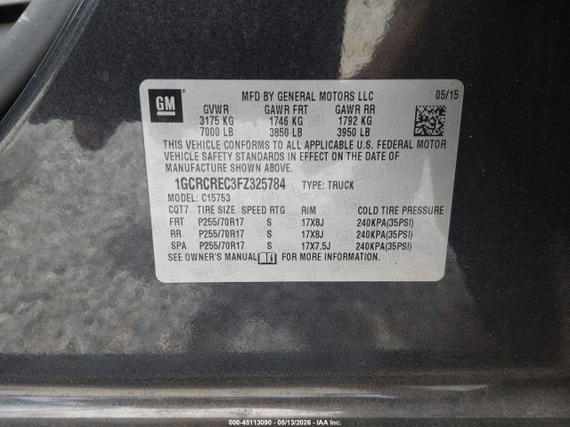 Aukcja sprzedaży 2015 Chevrolet Silverado 1500 1lt, vin: 1GCRCREC3FZ325784, numer aukcji: 45113090