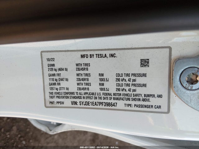 Продажа на аукционе авто 2023 Tesla Model 3 Rear-wheel Drive, vin: 5YJ3E1EA7PF398647, номер лота: 45113092