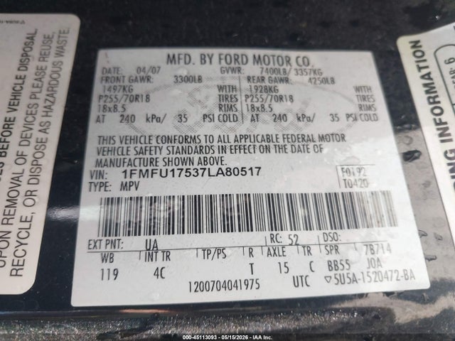 Продажа на аукционе авто 2007 Ford Expedition Eddie Bauer, vin: 1FMFU17537LA80517, номер лота: 45113093