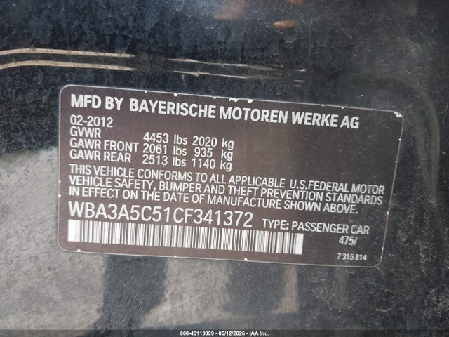 2012 Bmw 328i მანქანა იყიდება აუქციონზე, vin: WBA3A5C51CF341372, აუქციონის ნომერი: 45113099