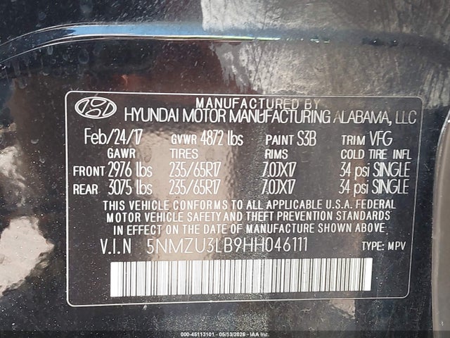 Продаж на аукціоні авто 2017 Hyundai Santa Fe Sport 2.4l, vin: 5NMZU3LB9HH046111, номер лоту: 45113101