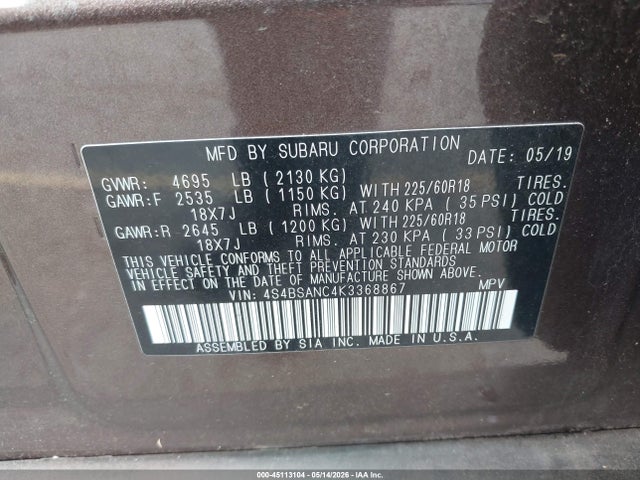 Продаж на аукціоні авто 2019 Subaru Outback 2.5i Limited, vin: 4S4BSANC4K3368867, номер лоту: 45113104