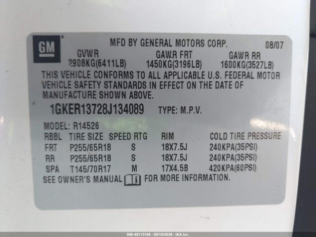 45113105 :رقم المزاد ، 1GKER13728J134089 vin ، 2008 Gmc Acadia Sle-1 مزاد بيع