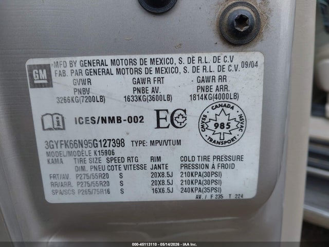 Продаж на аукціоні авто 2005 Cadillac Escalade Esv Platinum Edition, vin: 3GYFK66N95G127398, номер лоту: 45113110