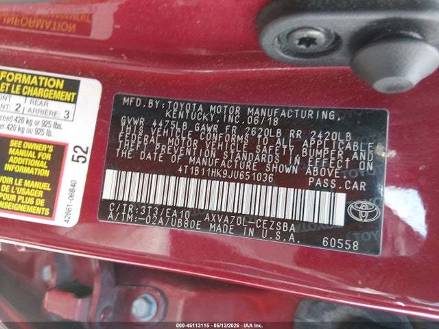 Продаж на аукціоні авто 2018 Toyota Camry Se, vin: 4T1B11HK9JU651036, номер лоту: 45113115
