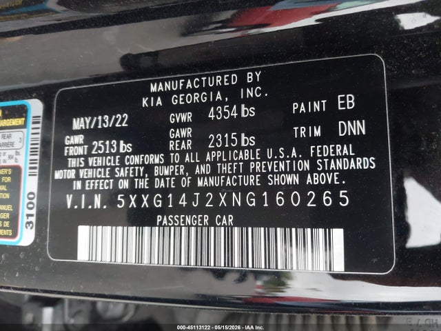 2022 Kia K5 Lxs მანქანა იყიდება აუქციონზე, vin: 5XXG14J2XNG160265, აუქციონის ნომერი: 45113122
