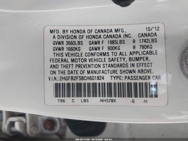 2012 Honda Civic Lx მანქანა იყიდება აუქციონზე, vin: 2HGFB2F58CH601824, აუქციონის ნომერი: 45113156