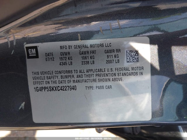 2012 Buick Verano მანქანა იყიდება აუქციონზე, vin: 1G4PP5SKXC4227940, აუქციონის ნომერი: 45113162