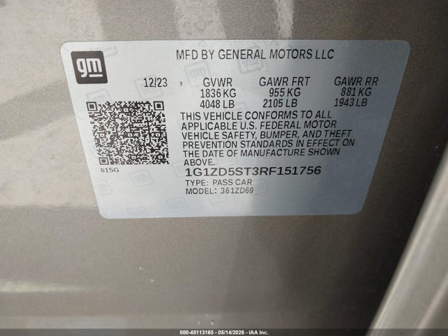 Продажа на аукционе авто 2024 Chevrolet Malibu Fwd 1lt, vin: 1G1ZD5ST3RF151756, номер лота: 45113165