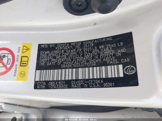 2018 Lexus Es 350 მანქანა იყიდება აუქციონზე, vin: 58ABK1GG3JU110132, აუქციონის ნომერი: 45113169