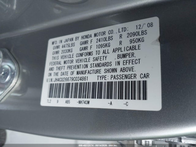 2009 Acura Tsx მანქანა იყიდება აუქციონზე, vin: JH4CU26679C034861, აუქციონის ნომერი: 45113174