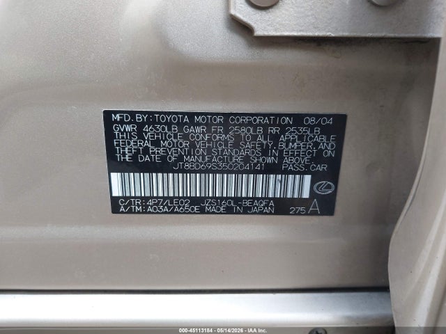 45113184 :رقم المزاد ، JT8BD69S350204141 vin ، 2005 Lexus Gs 300 مزاد بيع