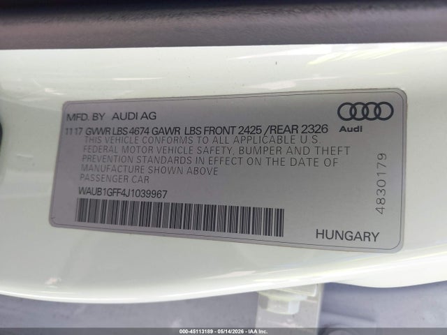 Продаж на аукціоні авто 2018 Audi S3 2.0t Premium Plus/2.0t Tech Premium Plus, vin: WAUB1GFF4J1039967, номер лоту: 45113189