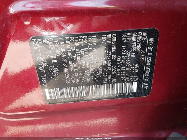 2021 Nissan Rogue Sv Intelligent Awd მანქანა იყიდება აუქციონზე, vin: JN8AT3BB4MW229736, აუქციონის ნომერი: 45113192
