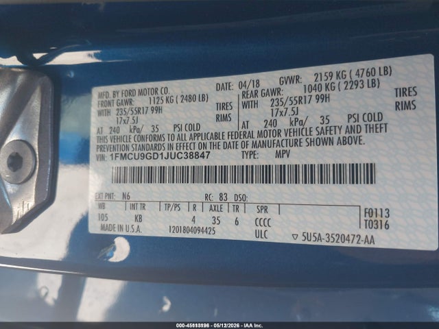 Продаж на аукціоні авто 2018 Ford Escape Se, vin: 1FMCU9GD1JUC38847, номер лоту: 45113196