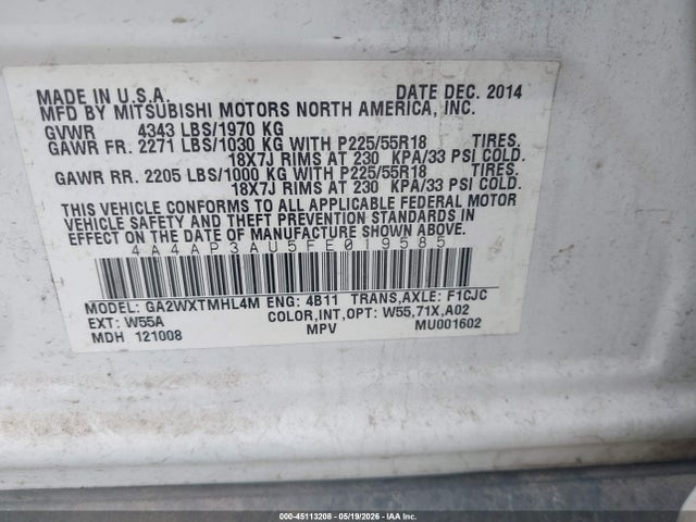 Aukcja sprzedaży 2015 Mitsubishi Outlander Sport Es, vin: 4A4AP3AU5FE019585, numer aukcji: 45113208