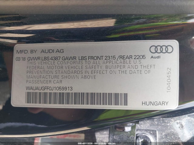 Aukcja sprzedaży 2018 Audi A3 2.0t Premium/2.0t Tech Premium, vin: WAUAUGFF0J1059913, numer aukcji: 45113220