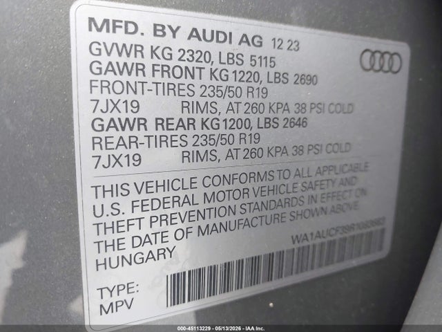 45113229 :رقم المزاد ، WA1AUCF39R1083683 vin ، 2024 Audi Q3 Premium 40 Tfsi Quattro Tiptronic مزاد بيع