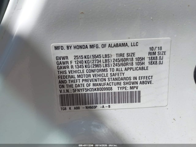 Aukcja sprzedaży 2019 Honda Pilot Ex, vin: 5FNYF5H35KB009908, numer aukcji: 45113246