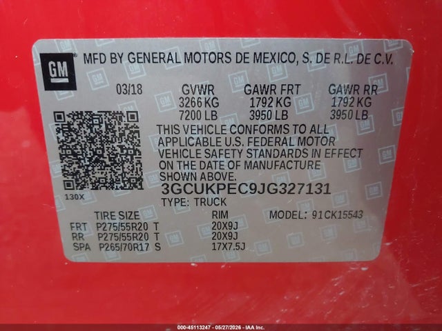 Aukcja sprzedaży 2018 Chevrolet Silverado 1500 Custom, vin: 3GCUKPEC9JG327131, numer aukcji: 45113247
