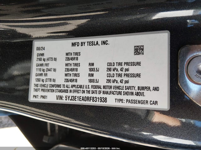 Продажа на аукционе авто 2024 Tesla Model 3 Long Range Dual Motor All-wheel Drive/rear-wheel Drive, vin: 5YJ3E1EA0RF831938, номер лота: 45113253