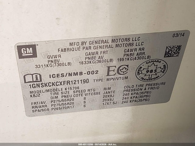 2015 Chevrolet Tahoe Ltz მანქანა იყიდება აუქციონზე, vin: 1GNSKCKCXFR121190, აუქციონის ნომერი: 45113256