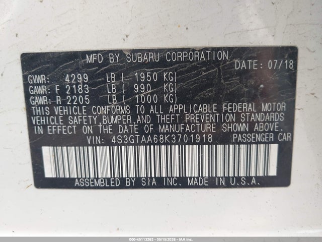 Aukcja sprzedaży 2019 Subaru Impreza 2.0i, vin: 4S3GTAA68K3701918, numer aukcji: 45113263