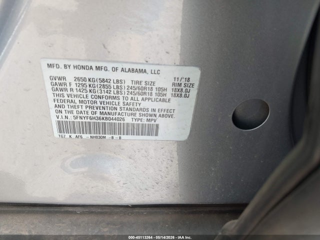 Продажа на аукционе авто 2019 Honda Pilot Ex, vin: 5FNYF6H36KB044026, номер лота: 45113264