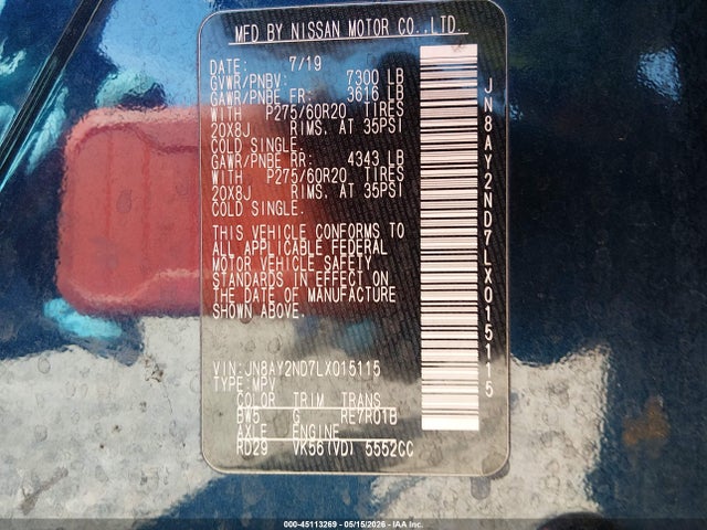 45113269 :رقم المزاد ، JN8AY2ND7LX015115 vin ، 2020 Nissan Armada Sl 2wd مزاد بيع