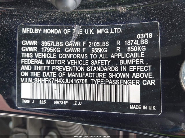 SHHFK7H4XJU416708 Honda Civic Sport