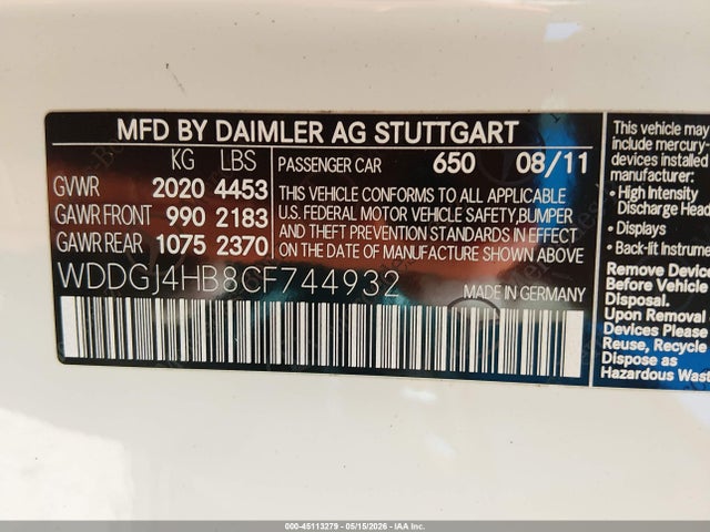 45113279 :رقم المزاد ، WDDGJ4HB8CF744932 vin ، 2012 Mercedes-benz C 250 مزاد بيع