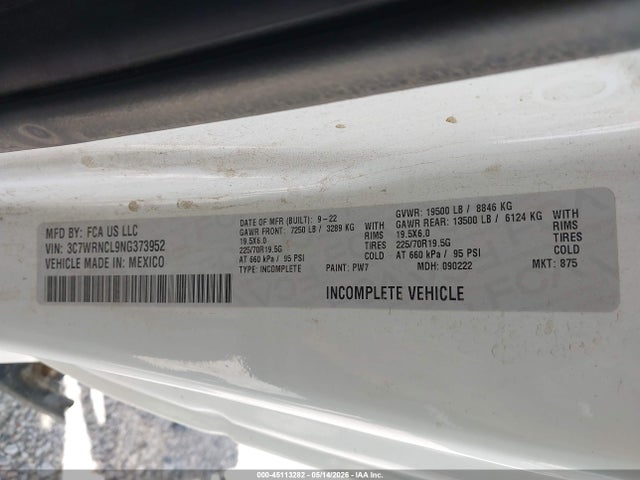 45113282 :رقم المزاد ، 3C7WRNCL9NG373952 vin ، 2022 Ram 5500 Chassis Tradesman/slt مزاد بيع