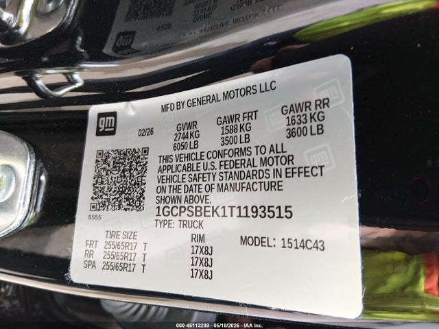 45113289 :رقم المزاد ، 1GCPSBEK1T1193515 vin ، 2026 Chevrolet Colorado Wt, Rwd مزاد بيع