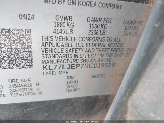 45113302 :رقم المزاد ، KL77LJEP7SC019516 vin ، 2025 Chevrolet Trax Fwd 2rs مزاد بيع