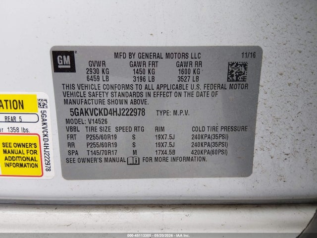 2017 Buick Enclave Premium მანქანა იყიდება აუქციონზე, vin: 5GAKVCKD4HJ222978, აუქციონის ნომერი: 45113305