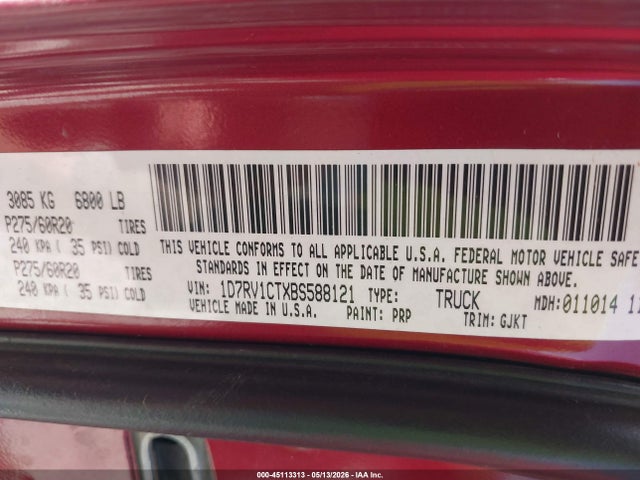 45113313 :رقم المزاد ، 1D7RV1CTXBS588121 vin ، 2011 Ram Ram 1500 Laramie مزاد بيع