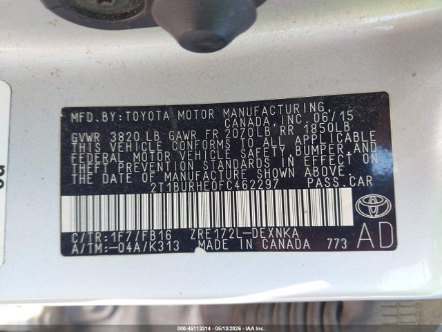 Aukcja sprzedaży 2015 Toyota Corolla Le, vin: 2T1BURHE0FC462297, numer aukcji: 45113314