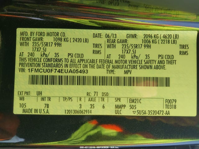 45113316 :رقم المزاد ، 1FMCU0F74EUA05493 vin ، 2014 Ford Escape S مزاد بيع