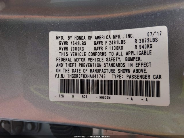 Продаж на аукціоні авто 2017 Honda Accord Ex-l V6, vin: 1HGCR3F8XHA041745, номер лоту: 45113317