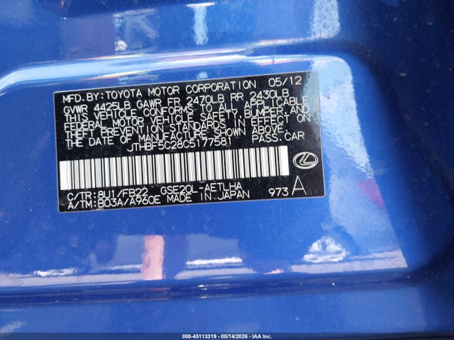Aukcja sprzedaży 2012 Lexus Is 250, vin: JTHBF5C28C5177581, numer aukcji: 45113319