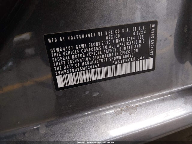 2025 Volkswagen Jetta 1.5t Sport მანქანა იყიდება აუქციონზე, vin: 3VWBX7BU3SM020642, აუქციონის ნომერი: 45113320