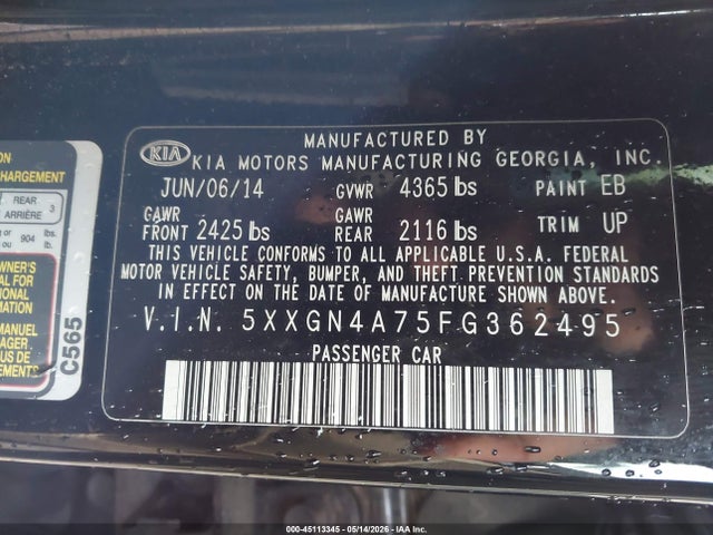 Продаж на аукціоні авто 2015 Kia Optima Ex, vin: 5XXGN4A75FG362495, номер лоту: 45113345