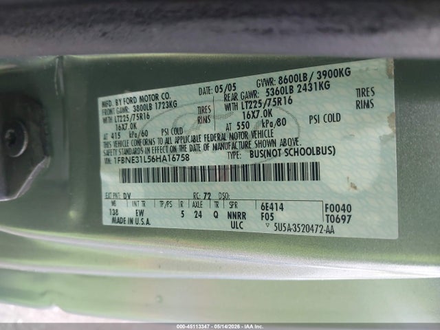 2006 Ford E-350 Super Duty Chateau/xl/xlt მანქანა იყიდება აუქციონზე, vin: 1FBNE31L56HA16758, აუქციონის ნომერი: 45113347