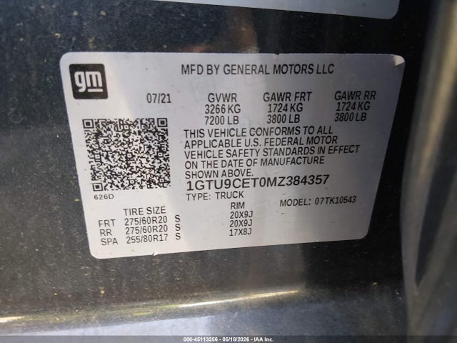 Auction sale of the 2021 Gmc Sierra 1500 4wd  Short Box Elevation, vin: 1GTU9CET0MZ384357, lot number: 45113356