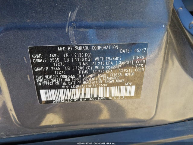 Aukcja sprzedaży 2017 Subaru Outback 2.5i Premium, vin: 4S4BSAFCXH3413530, numer aukcji: 45113360