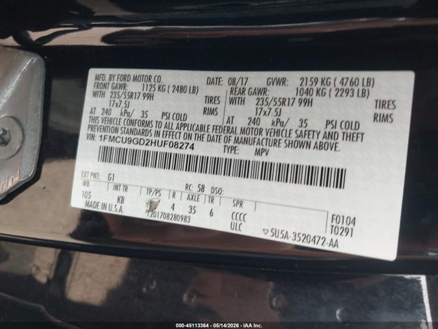 Aukcja sprzedaży 2017 Ford Escape Se, vin: 1FMCU9GD2HUF08274, numer aukcji: 45113364